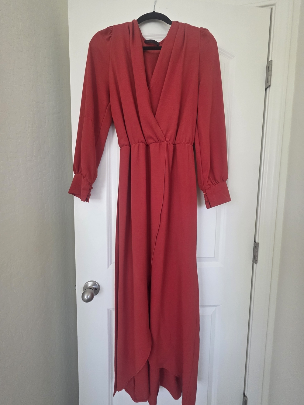 Red Long Sleeve Wrap-Front Maxi Dress